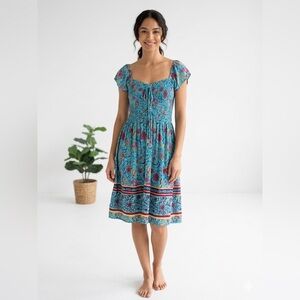 Grace & Lace Blue Floral Smocked Midi Dress with Cap Sleeves